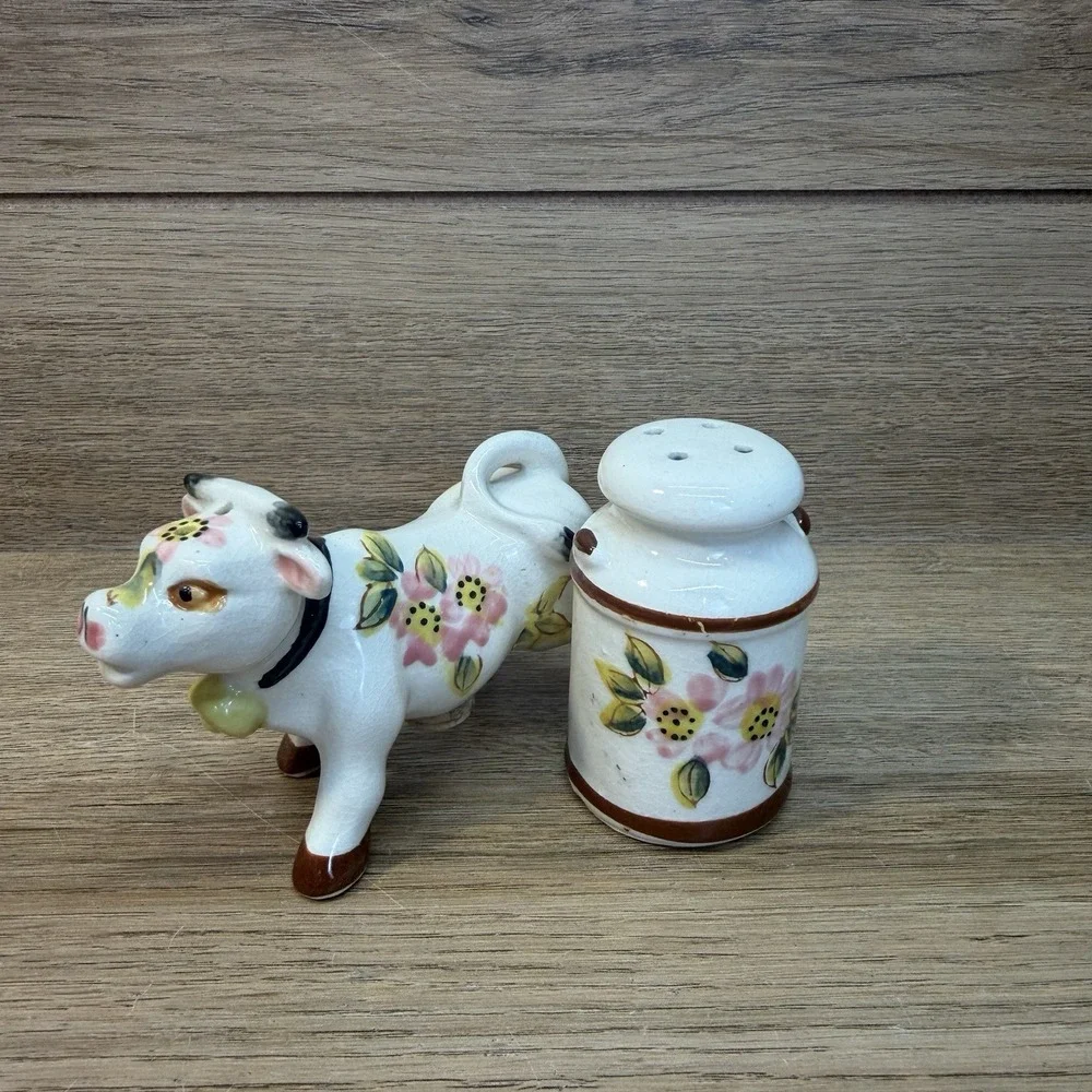 Vintage Ceramic Cow and Milk Can Salt and Pepper Shakers Japan Farmhouse Floral